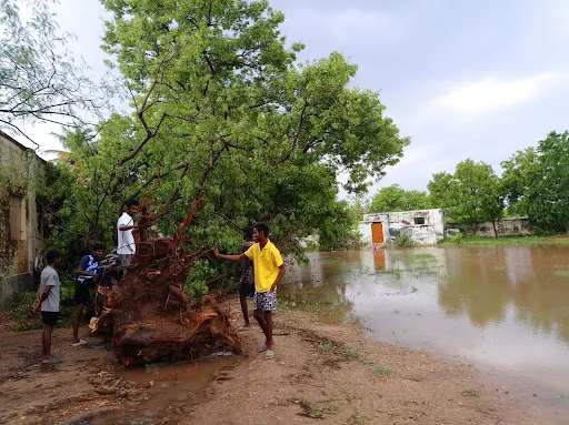 Damage to the west of the house in the event of a heavy rainfall with hurricane winds in the Nambiyur circular areas