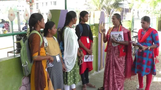 Naam Tamil Party candidate Seethalakshmi collected votes among college girls waiting for a bus at Muruganputur near Gobi.